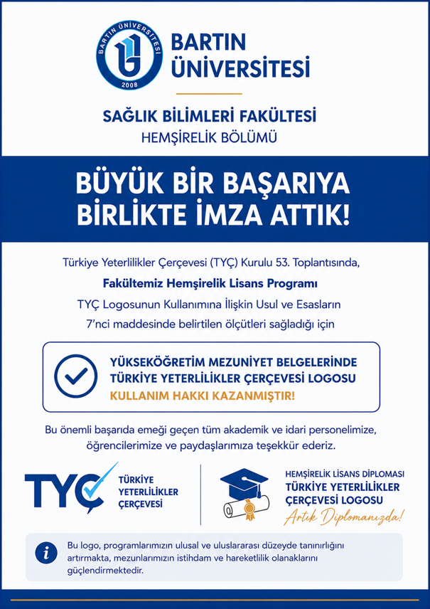 bartinsbfhem's tweet photo. Bartın Üniversitesi Hemşirelik Lisans Programına TYÇ Logosu Kullanım Hakkı
Bartın Üniversitesi Sağlık Bilimleri Fakültesi Hemşirelik Bölümü, kalite güvencesi ve eğitimde ulusal yeterlilik standartlarına uygunluğunu bir kez daha tescilleyen önemli bir başarıya imza attı. https://t.co/48eU6kOEFl