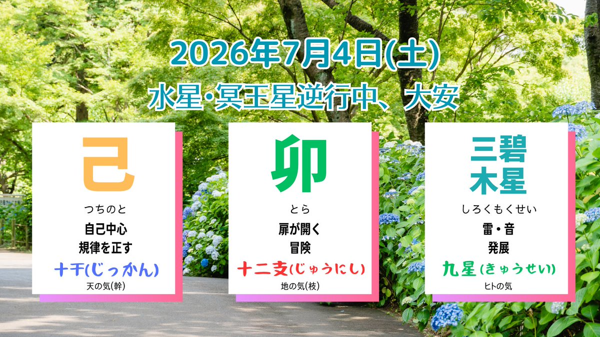 serina_uranai's tweet photo. おはようございます。2026年7月4日の暦は「己・卯・三碧木星（つちのと、うさぎ、さんぺきもくせい）」です。
凝り固まった思考では周囲に振り回されるばかりで思うように事が進みません。新しいやり方やアイテムを駆使して自分のチカラで突き進みましょう。慎重に取り組むことも重要になります。 https://t.co/ozP13T7pmI