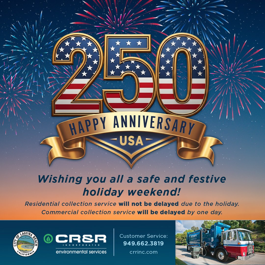 lagunabeachgov's tweet photo. As a reminder, residential collection services will not be affected by the 4th of July holiday and will occur on their regular schedule. Commercial collection services will be delayed by one day. @crrinc

https://t.co/Vue9lezGiB

#IndependenceDay #ServiceDelay https://t.co/FFj8fiZt9N