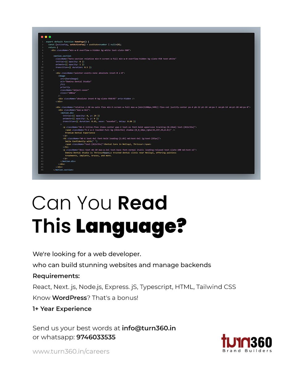 Turn360Agency's tweet photo. 💻 Can you read this language?

We want to hear from you!

Turn360 Brand Builders is hiring a Web Developer with 1+ year of experience to build fast, high-performing websites.

Apply now and be part of our team! https://t.co/2NGAXT4HxN