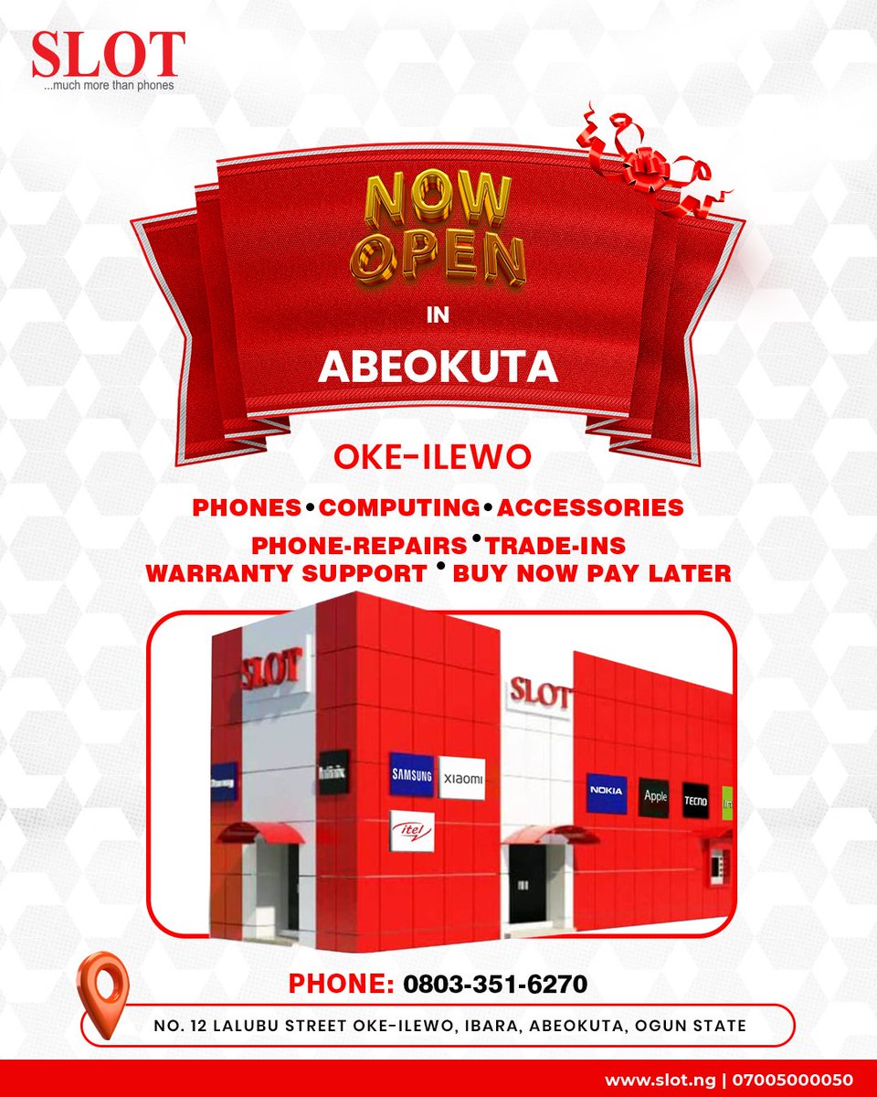 slotlimited's tweet photo. 📍ABEOKUTA, WE'RE HERE! 🎉

Your trusted destination for genuine phones, laptops, accessories, electronics, repairs, trade-ins, warranty support, and Buy Now, Pay Later is now open in Oke-Ilewo, Abeokuta.

Visit us today and enjoy the authentic SLOT experience.

📍 No. 12  Lalubu Street, Oke-Ilewo, Ibara, Abeokuta, Ogun State
📞 0803 351 6270

Step in today and experience why if it’s not SLOT, it’s simply not the same as SLOT.

SLOT... Much More Than Phones.

#SLOTAbeokuta #NowOpen #MuchMoreThanPhones #ShopWithConfidence