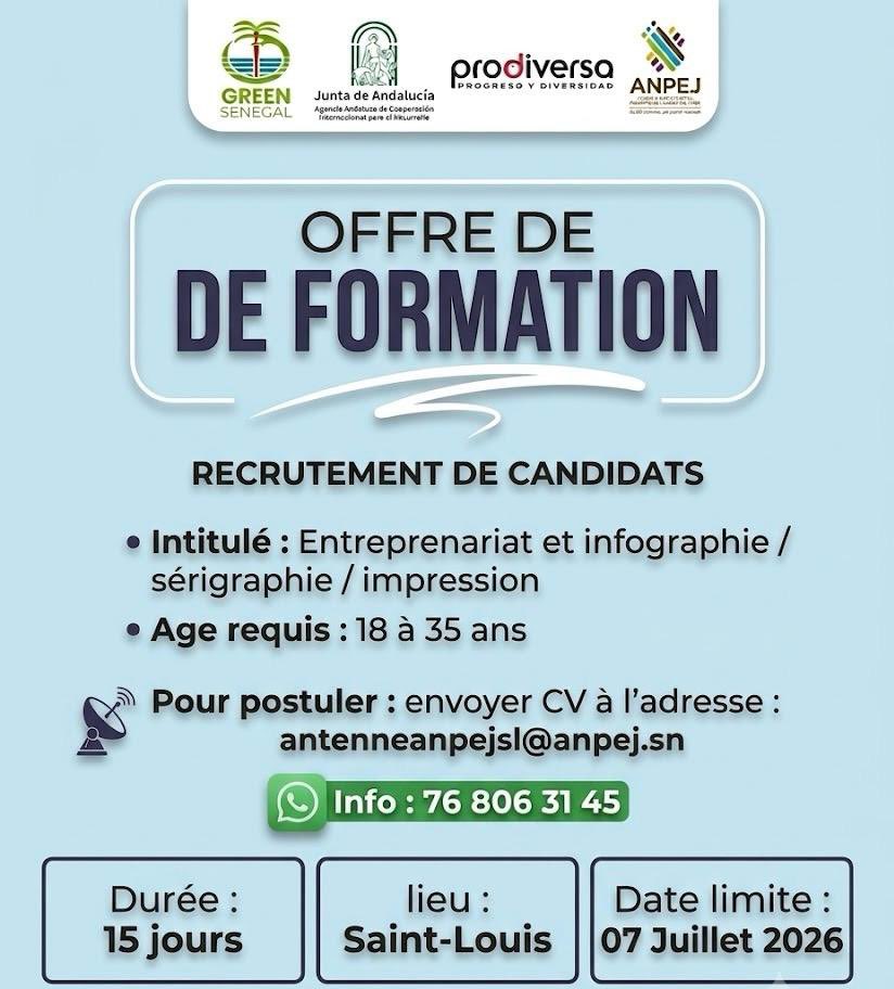 ANPEJ_Emploi's tweet photo. OFFRE DE FORMATION | RECRUTEMENT DE CANDIDATS :
#anpej #mefpt #sinnagaye https://t.co/1ZnTHl7WMh