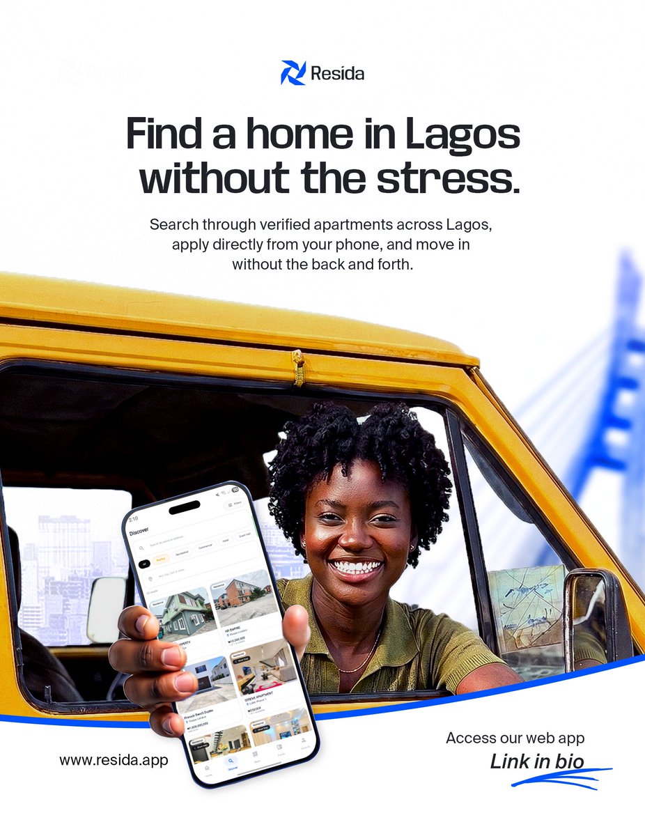 residahq's tweet photo. 🏡 House hunting in Lagos doesn’t have to be exhausting.

With Resida, you can browse verified apartments, apply directly from your phone, and find your next home.

Start your search today. Link in bio.

#Resida #LagosApartments #HouseHunting #RentInLagos #PropTechNigeria https://t.co/rQHHqyRSSJ
