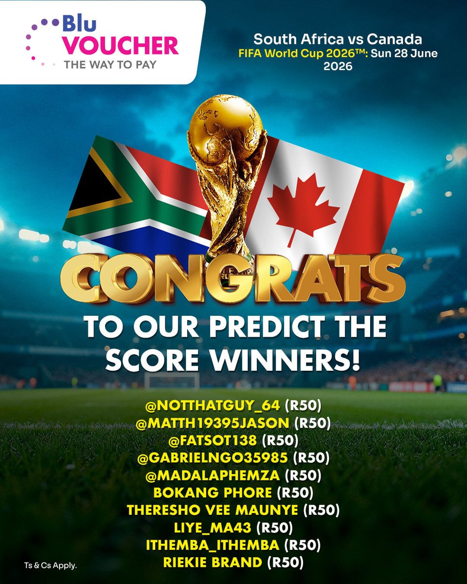 BluVoucher's tweet photo. Congratulations to all the winners from our latest Predict the Score competitions.

Each winner will receive an R50 Blu Voucher from us via DM, so please keep an eye on your inbox. https://t.co/TF0XyD4WHT