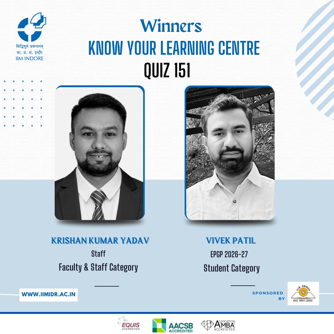 IIM_I's tweet photo. #LearningCentreQuiz | Congratulations to the winners of the 151st Know Your Learning Centre Quiz at #IIMIndore! 

- Krishan Kumar Yadav (Staff): Faculty &amp; Staff Category 
- Vivek Patil (EPGP 2026-27): Student Category  

#LearningCentre #Quiz #Winners
@askhimanshurai https://t.co/VP2KJthKiL