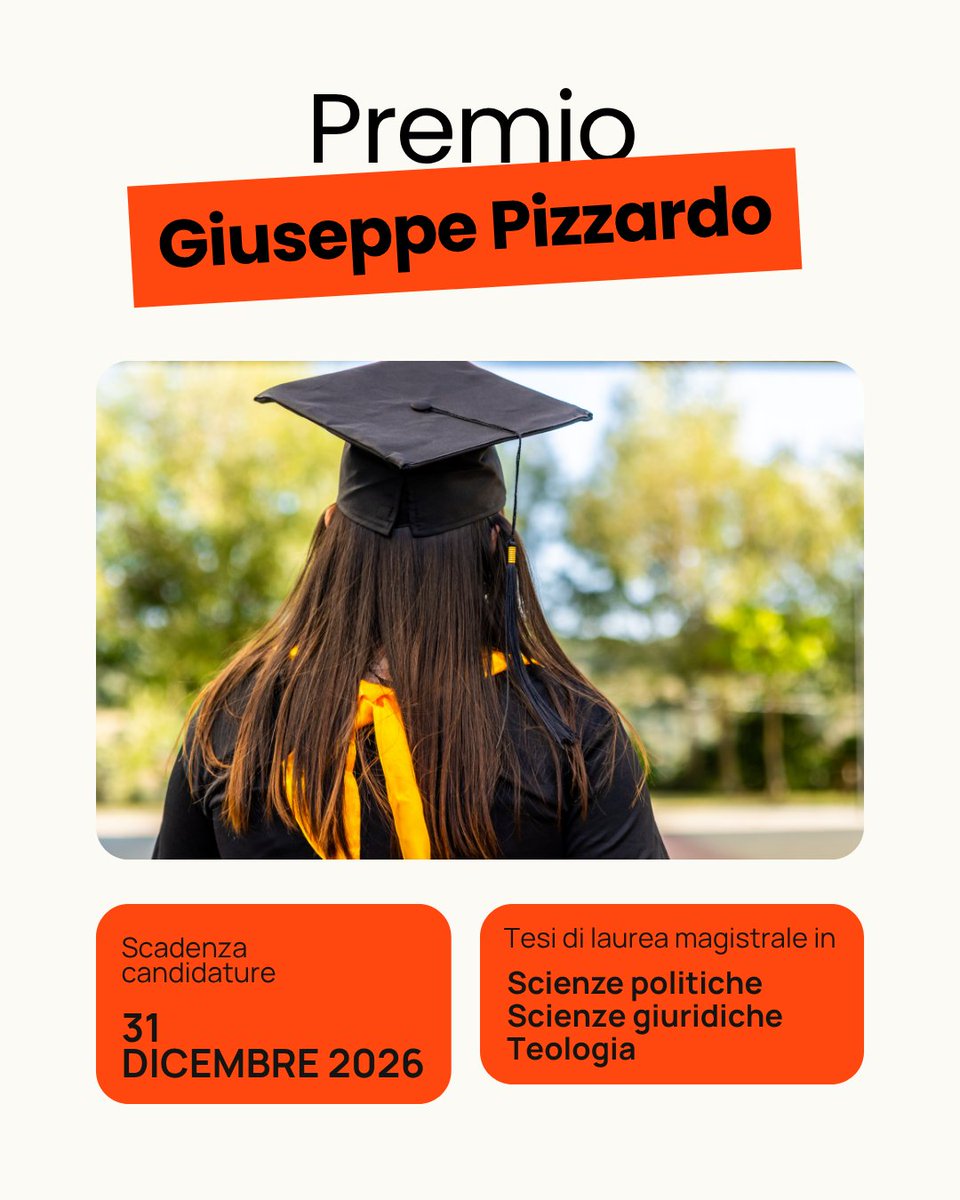 UniLUMSA's tweet photo. L'Università LUMSA promuove il Premio Giuseppe Pizzardo 2026, dedicato alle migliori tesi magistrali negli ambiti delle Scienze politiche, Scienze giuridiche e Teologia. Il premio, del valore di 1.000 euro, è rivolto ai laureati e alle laureate LUMSA che hanno conseguito il titolo nel biennio 2025-2026.

Candidature aperte fino al 31 dicembre. Per tutti i dettagli: https://t.co/GlCBRX0PSB