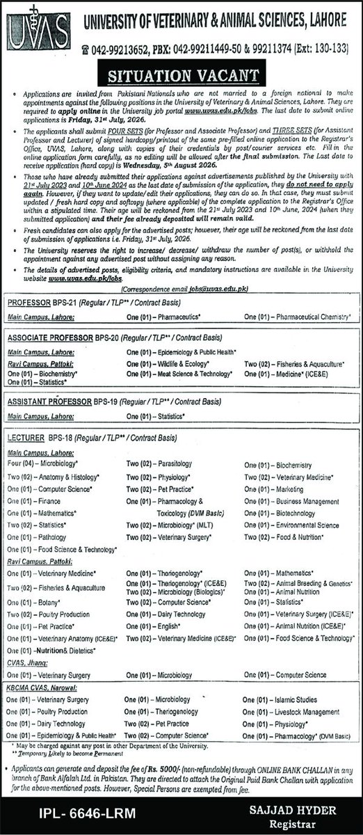 RanaSikandarH's tweet photo. University of Veterinary &amp; Animal Sciences, Lahore has announced vacancies for Professor, Associate Professor, Assistant Professor &amp; Lecturer positions across multiple disciplines. 
Last date to apply online: 31 July 2026. 
Details and apply link: https://t.co/SKP5aVzSgh https://t.co/6UFHSOYINZ