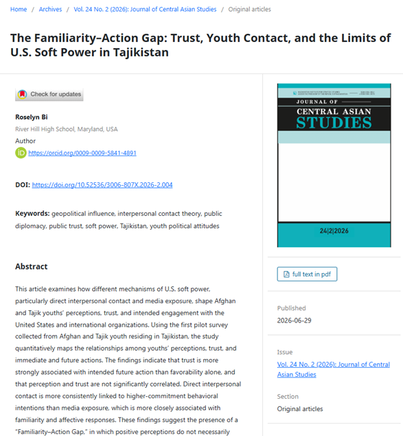 jcas_journal's tweet photo. The paper by R. Bi analyzes the "Familiarity-Action Gap" in Tajikistan, revealing that direct interpersonal contact with the U.S. fosters trust and greater commitment to action among youth.
Full article: https://t.co/I4y1TpT44F

#Geopolitics #Diplomacy #Tajikistan #YouthPolitics https://t.co/WmvaJ9M1Fv