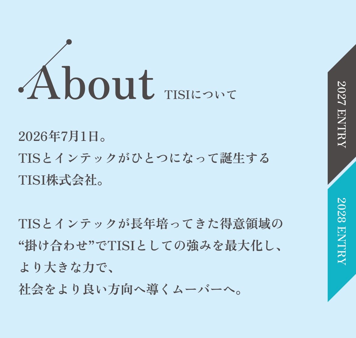 syukawa2626's tweet photo. 【28卒￤直近参加可能な優遇イベント】

TISI
（2026年7月、インテックを統合しTIS→TISIへ社名変更）

開催日:7/11（土）
選考:先着順

■文理不問
■420名の大量採用 ■平均年収807万 ■初任給294,600円 ■家賃補助都内3万 ■東京在住→ほぼ東京配属 ■1日2時間勤務からでokのフレックス制度 ■リモート＆フレックス勤務⭕️

出席票を提出することで参加履歴が残り、それを元に後続イベントの優遇スカウトが送られてくる場合があるので、夏の間に繋がりを作っておくと内定まで近づくと思います！