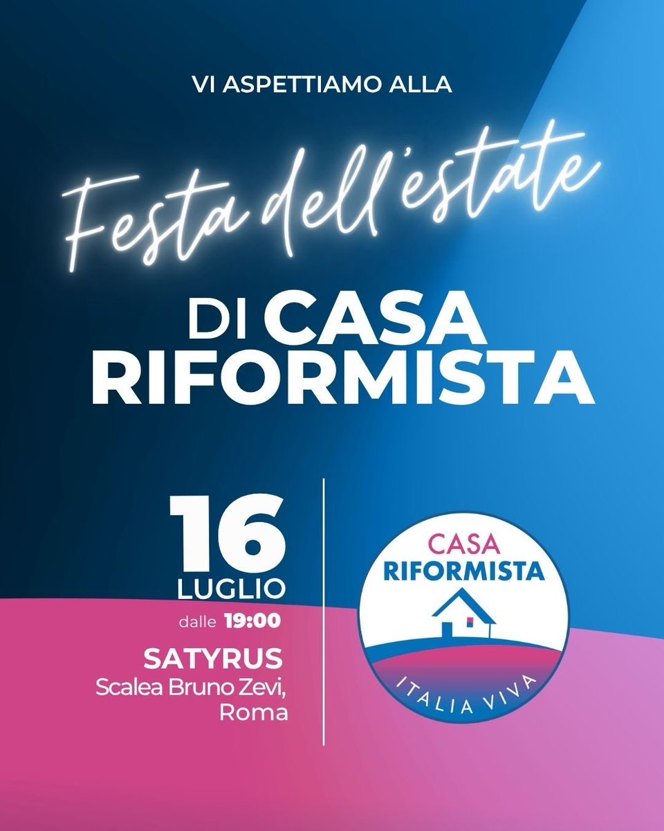 ItaliaViva's tweet photo. “Giovedì 16 luglio a Roma, Festa dell’estate di Italia Viva – Casa Riformista.
Staremo insieme dall’ora di cena per salutarci prima delle vacanze e prepararci alle prossime sfide. Vi aspetto in tanti, in piazza, a viso aperto.”

Leggi l’enews di Matteo Renzi 👉🏻 https://t.co/nWw8fefbJT

E registrati all’evento del 16 luglio 👉🏻 https://t.co/7kWfvMW9bH