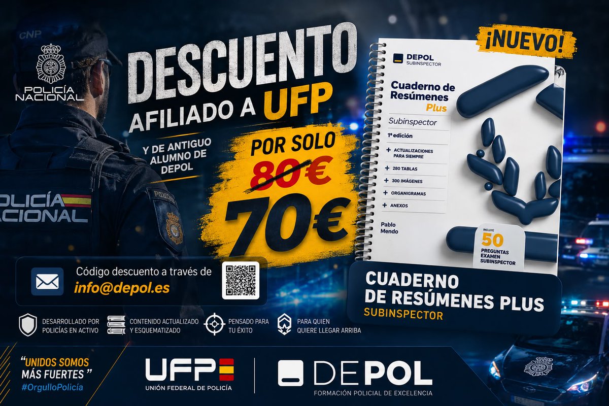 ufpol's tweet photo. 📚ACUERDO UFP-DEPOL 👮‍♂️

🫴Gracias al acuerdo con DEPOL, nuestros afiliados disfrutan de descuentos exclusivos en la preparación de oposiciones y promoción profesional. 

🎯 Más ventajas por ser #UFP. https://t.co/4fGcNz5Fzn