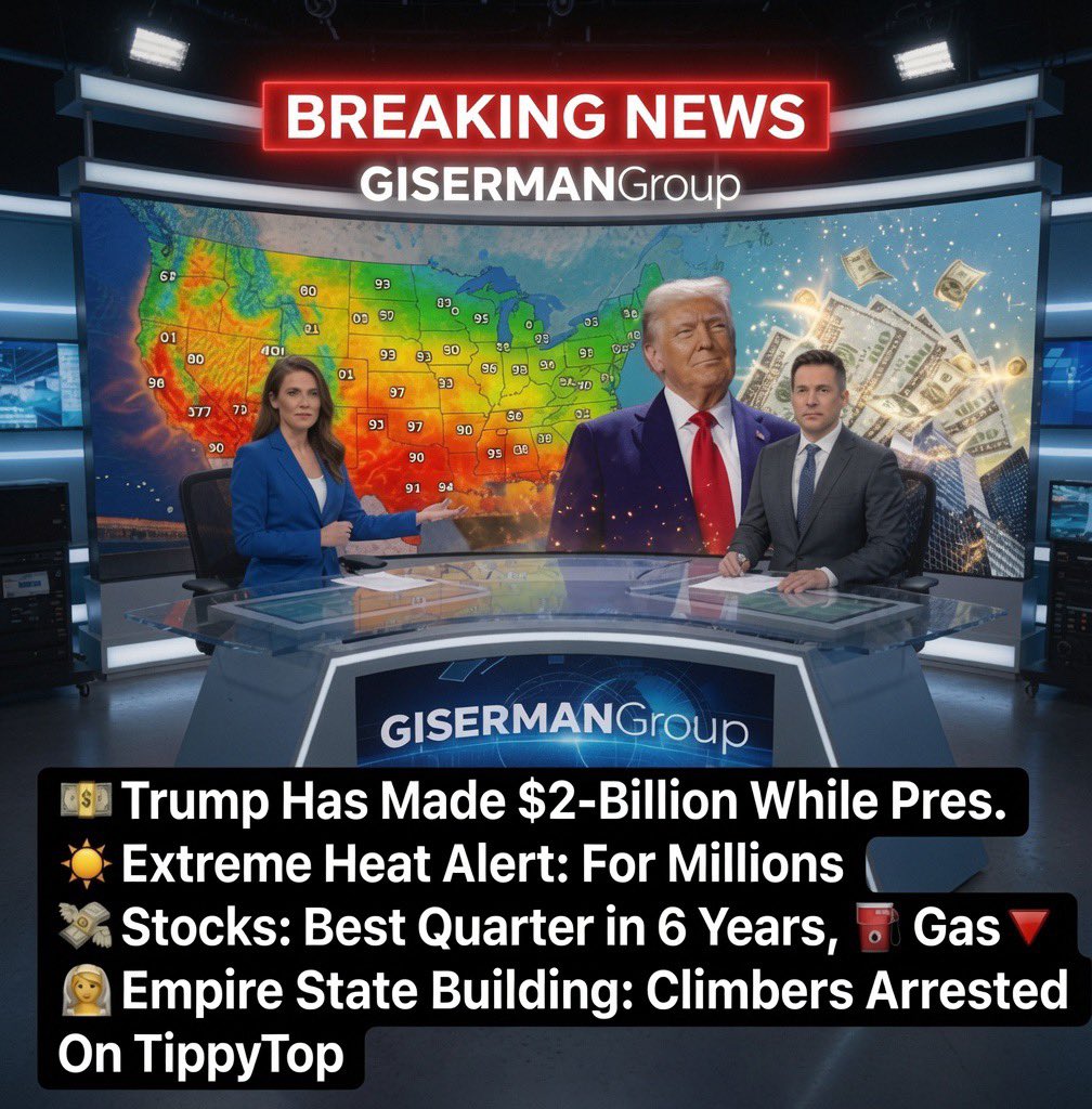 Lougise's tweet photo. ☀️Extreme Heat Alert: For Millions
💵Trump Has Made $2-Billion While President
🛕Empire State Building: Climbers Arrested
💸Stocks: Fall, 🪙 Bitcoin: , ⛽️Gas:🔻
👰‍♂️Taylor Swift: Rents MSG: July 4 Wedding?
⚽️World Cup: U.S. Beats Bosnia Herzegovina
https://t.co/0kuytHConC
#breakingnews