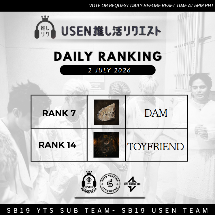 SB19USENTeam's tweet photo. 📢USEN UPDATE!
July 2, 2026
Daily Ranking

SB19 &amp; BE:FIRST TOYFRIEND
https://t.co/Rp2G1qtNvu

FELIP WRATH
https://t.co/rUvD54Fs9O

SB19 DAM
https://t.co/XkfL6EkNCe

@SB19Official #SB19
@felipsuperior #FELIP https://t.co/HbQSP80pLw