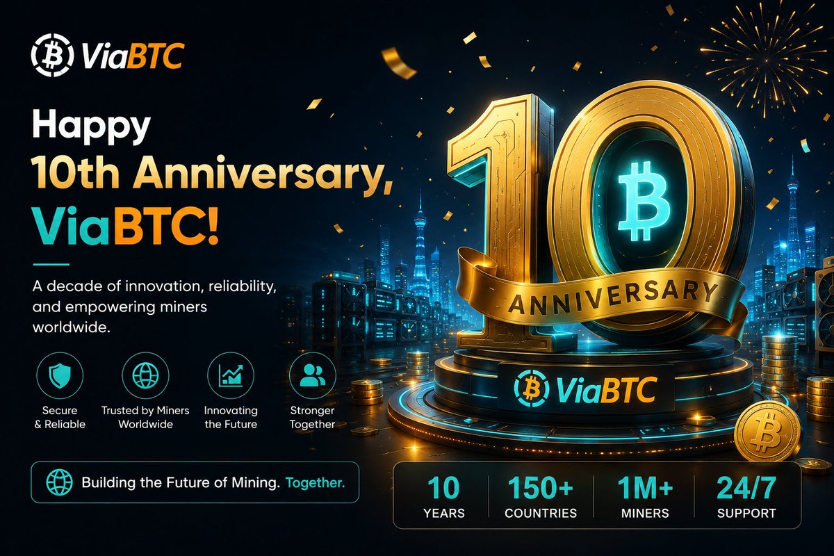 cryptociara6's tweet photo. Happy 10th Anniversary, @ViaBTC

A decade of powering the crypto mining industry with innovation, reliability, and a global community. 

From securing blockchain networks to supporting millions of miners, ViaBTC has helped shape the future of decentralized infrastructure.

Here's to the next decade of building. 

Post via @coinexcreators 

#CoinEx #CoinExCreator