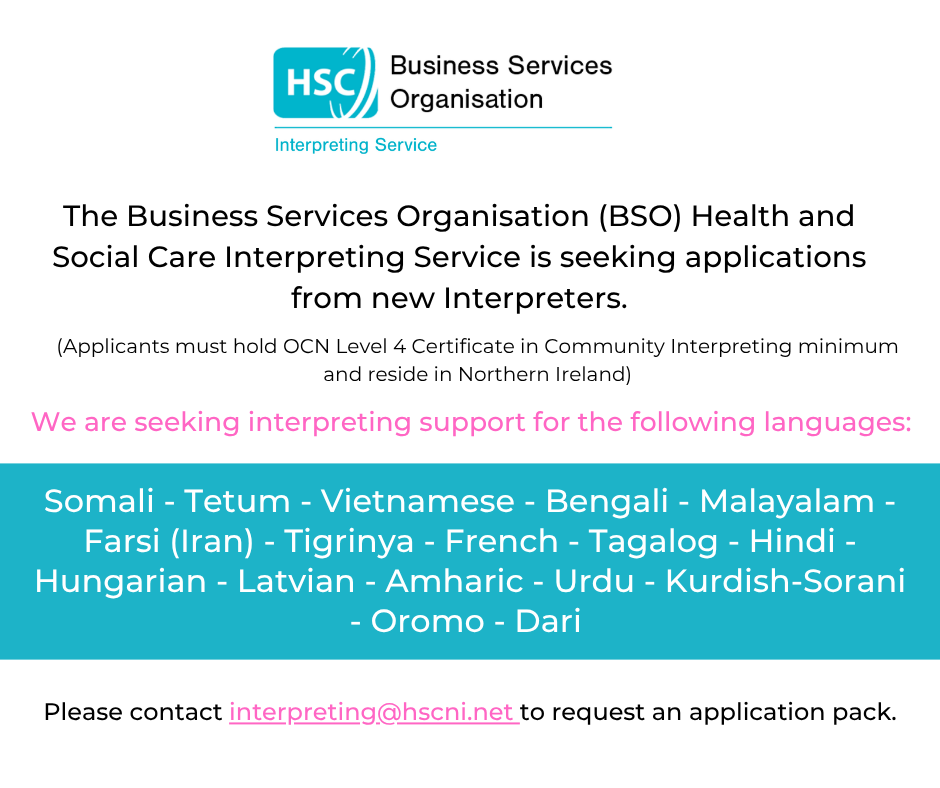 BSO_NI's tweet photo. @BSO_NI Interpreting Service is seeking applications from new Interpreters.
Please contact interpreting@hscni.net to request an application pack. Interpreters must reside in NI.
Please check the #BSO website for more information:
https://t.co/oa6FWartKO
#interpreting #HSC https://t.co/zYATYHdF2Z