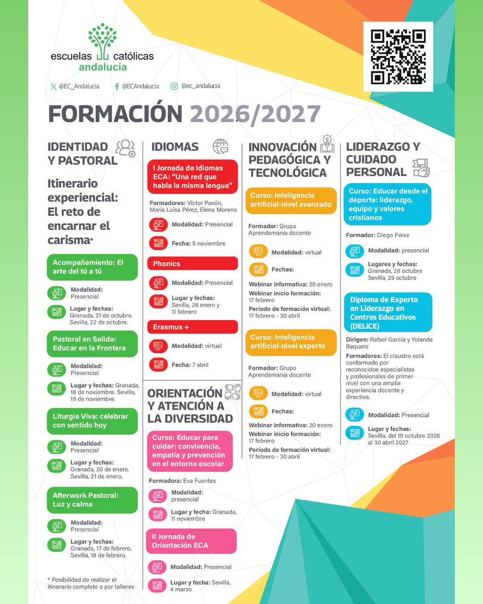 EC_Andalucia's tweet photo. 📌 PLAN FORMATIVO 26/27 📌
👉 ¡Ya está disponible nuestra Programación de Formación del próximo curso!
 Dividido en 5️⃣ bloques:
🟢 Identidad y pastoral.
🔴 Idiomas.
🟣 Orientación y Atención a la Diversidad.
🟠 Innovación Pedagógica y Tecnológica
🔵 Liderazgo y Cuidado Personal. https://t.co/iNWkuFB4tX