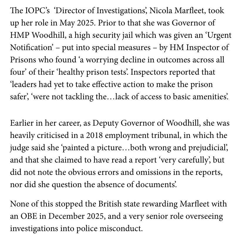 ShipleyWrites's tweet photo. The IOPC are in charge of investigating the way police treated Henry Nowak.

Their Director of Investigations, Nicola Marfleet was a disastrous prison governor, and heavily criticised by an employment tribunal judge who said she 'painted a picture...both wrong and prejudicial'.

She was rewarded with an OBE and this senior role at the IOPC. How can we trust an organisation like this to investigate the police?