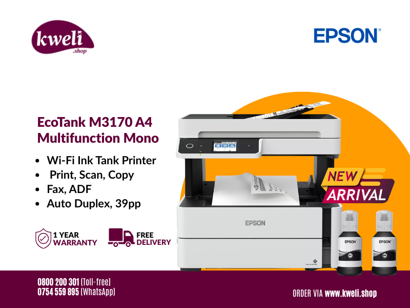 KweliHq's tweet photo. The Epson EcoTank M3170 delivers fast, high-quality A4 monochrome printing, plus Print, Scan, Copy &amp; Fax capabilities.

Order via https://t.co/OKtl1LtV6O , Toll-free 0800200301 or WhatsApp +256754559895

#KweliShopGotYou
#GenuineAppliances
#SmartSolar https://t.co/OplNy1eRtZ