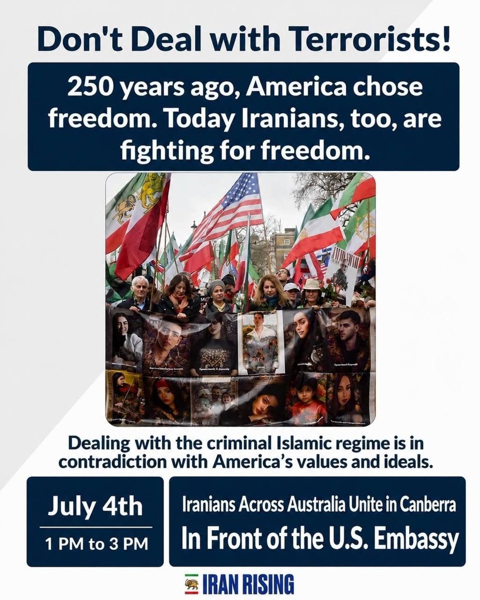 Sadafabdo's tweet photo. RT @MiladAUSTlife: 🗓 Sunday 4th of July
📍Moonah Pl, Yarralumla ACT 2600
⏰️ 13:00 - 15:00
#پاينده_ایران_جاویدشاه https://t.co/jmLDzdO8FN