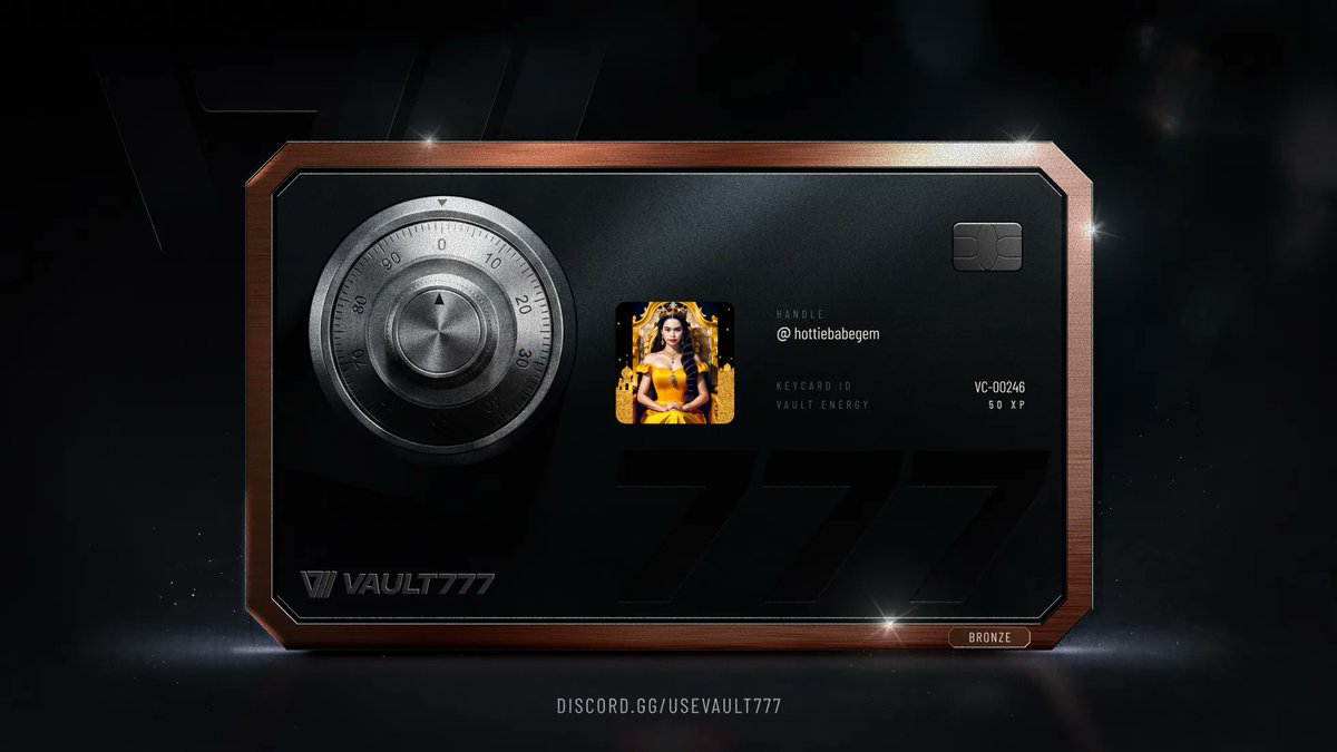 HottieBabeGem's tweet photo. The Vault Cards are officially live...🔥 @UseVault777 

Just claimed mine.

✓ Join here https://t.co/2K6L2iVfbU
✓ Head to #claim-vault-cards
✓ Get your card, reveal your Tier + XP
✓ Share it on X to activate
✓ Grind your way from Bronze to Diamond

There's also a special reward waiting for whoever claims the 777th card. 

Who's already minted theirs? Drop your card below and let's see which tier everyone landed in.