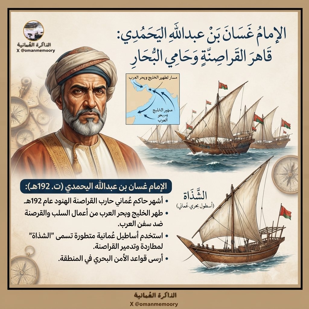 Omanmemoory's tweet photo. الإمام غسان بن عبدالله اليحمدي وهو أشهر حاكم عُماني حارب القراصنة الهنود عام 192هـ، وطهر الخليج وبحر العرب منهم، وكانت الأساطيل العُمانية المسماة الشذاة تدك وتلاحق هؤلاء القراصنة الذين امتهنوا السلب والإجرام اتجاه سفن العرب.

#الذاكرة_العُمانية
#سلطنة_عُمان https://t.co/yCS6kUgxDv