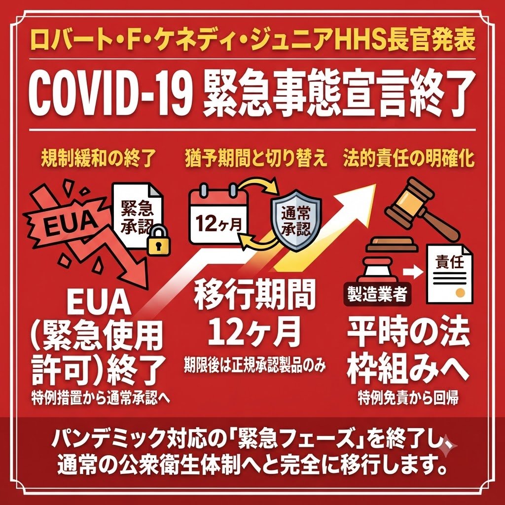 hide2951889's tweet photo. ロバート・F・ケネディ・ジュニア保健福祉長官は、COVID-19関連の！！

「緊急使用許可（EUA）」宣言の終了を！！

【正式に発表しました。】

これにより、パンデミック初期から続いてきた特例的な規制環境が終結し！！

今後は通常の薬事承認プロセスへと完全に移行します。医薬品・生物学的製剤には12ヶ月、医療機器には180日の猶予期間が設けられ、期間終了後は正規の承認を得ていない製品は市場から撤退する流れとなります。

これは「緊急時の権限はあくまで一時的である」という原則を再徹底し、公衆衛生の透明性と信頼性を回復させるための措置です。

【日本への影響】

国際的な規制基準の再編: 米国はこれまでCOVID-19対策の国際的な規制指針を主導してきました。

米国のEUA終了とワクチン戦略の転換（mRNA開発支援の打ち切り等）は、日本の厚生労働省や製薬業界にとっても、今後のワクチン調達や承認判断における基準を見直す契機となります。

協力体制の不透明化: 米国がWHOからの離脱を表明するなど公衆衛生上の連携を限定的にしている中！！

日本を含む国際社会は、米国主導のパンデミック対策に頼らない独自の監視体制や調達ルートの構築を迫られる状況です。

▼市場と調達
日本国内のワクチン供給は現在、通常承認に基づいたものへ移行していますが❓❓

世界最大の市場である米国の「平時回帰」は、グローバルな医薬品流通や研究開発の方向性に影響を与え、将来的なパンデミックへの備え方に変化を強いる可能性があります。

この発表は、パンデミック対応の「緊急フェーズ」を公式に終結させ、完全に平時の医薬品管理へと舵を切る

歴史的な転換点といえます。
医療規制はの転換点が、現実となる！！

#米国保健福祉省 #パンデミック終了 #医療規制の転換