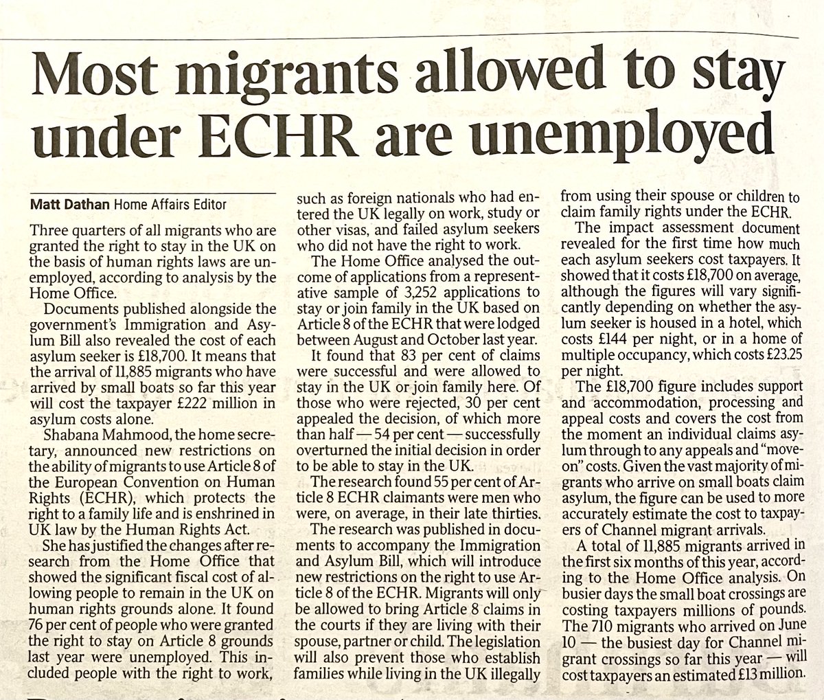 WilliamClouston's tweet photo. The Times reports the 76% of people allowed to settle under Article 8 of the ECHR are unemployed.

Ruinous. Insane. https://t.co/rEBrcN1qQh