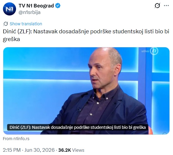 SasaRadulovich's tweet photo. Једина политичка снага која може да скине ову батинашку власт су студенти. Небитно је да ли ће умети да воде државу, јер ће бити СМЕЊИВИ. Једино што је битно је да имају снаге да ослободе Србију.

Пошто студенти поред власти руше и про-ЕУ и квази-патриотску опозицију и чине их потпуно небитним, очигледно је да је тој и таквој опозициј битније да политички преживе, него да дође до промене. Боља им је и ове про-ЕУ власт, само да они буду ту. Јер и они знају да они никада ову власт не могу и неће скинути. Само граде простор за себе.

Важно је поновити:
- суденти не одговарају ЕУ
- студенти не одговарају про-ЕУ власти
- студенти не одговарају про-ЕУ опозицији
- студенти једино одговарају Србији

Пошто власт већ скоро две године није успела да уништи студентски покрет, сада је тај посао прешао на про-ЕУ опозицију.

Питање је само да ли ћемо ми бирачи, насести на ову пропагадну "опозиције" и Н1-медија против студената и да ли ће од нас направити овце као што су то урадили до сада небројено пута. На нама је.
