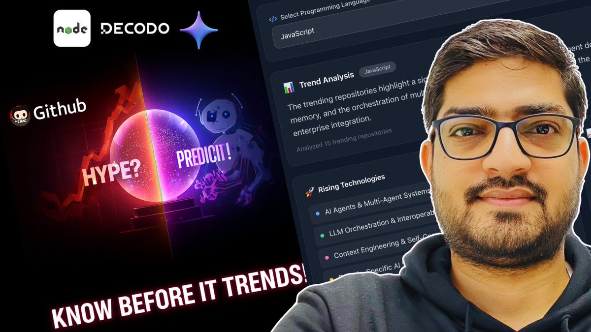 IMDmalvia's tweet photo. 🚀 Build an AI Agent for GitHub Trend Predictor with Nodejs, Decodo &amp; Google Gemini
🔗https://t.co/IY1Aafylww
#nextjs #reactjs #programming #javascript #coding #code #tutorials #NodeJS #CSS3 #100DaysOfCode #learntocode #FrontEndDevelopment #CodeNewbies #WebDevelopment https://t.co/8kwEZGvpiD