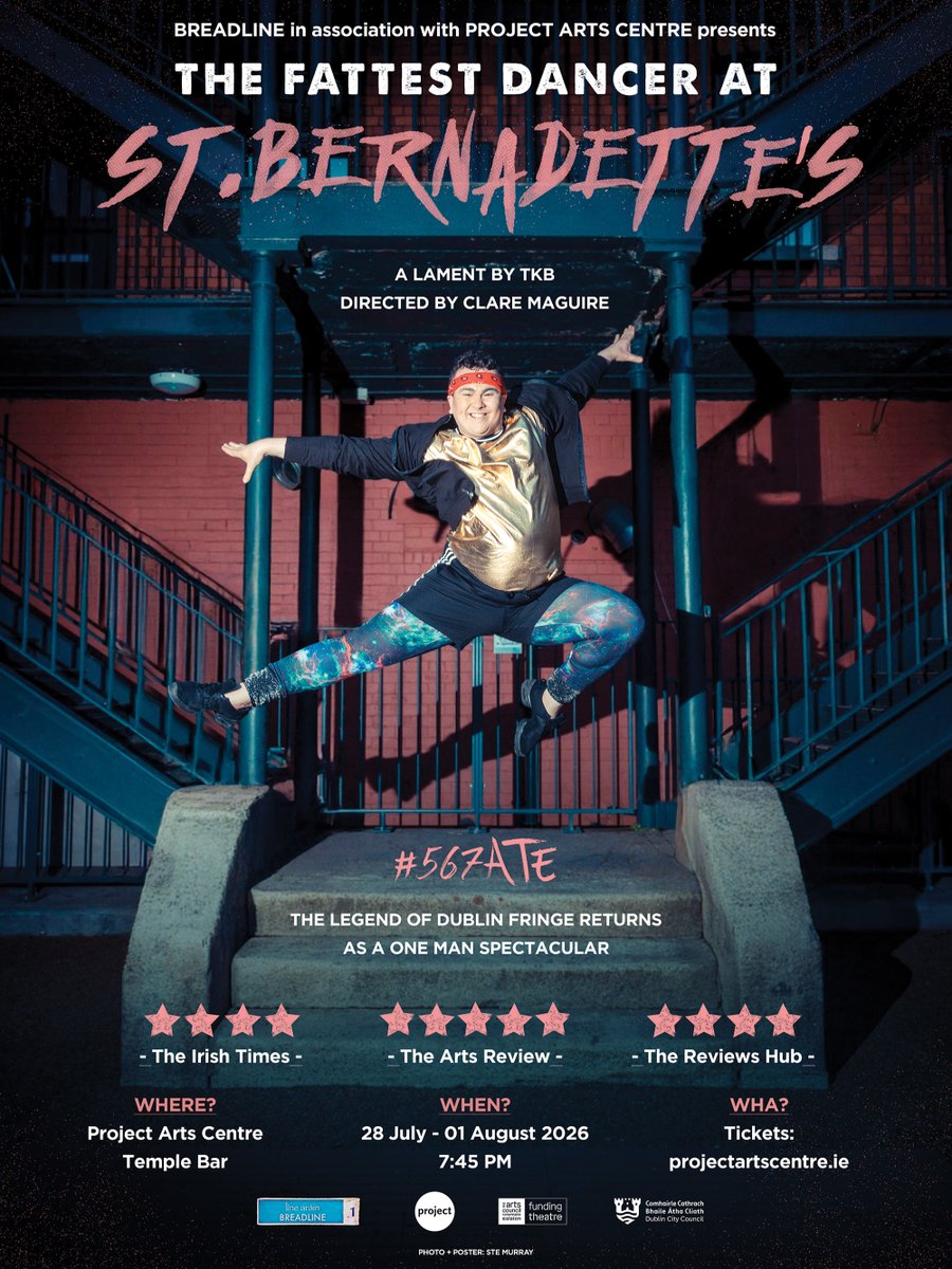 projectarts's tweet photo. Low ticket warning! 🚨 It's less than 4 weeks until Breadline return to their home base at Project with The Fattest Dancer at St Bernadette's. Running in the Cube from 28 July – 1 August. Book now via the link below.

“An excellent tribute to, and send-up of, the stage-school world… hilarious reinvention of the one-man show.” – The Irish Times ⭐⭐⭐⭐

Julian La Blanc could have been a star. A real bleedin’ contender he was. So how did he end up teaching these ungrateful little wagons in St. Bernadette’s Parish Hall Ballybough? Well, point your toes, pay your fees and he just might tell ya.

This legend of Dublin Fringe makes its Norma Desmond return reimagined as a one man spectacular. Written and performed by TKB.

Want bang for your buck? Click the link and grab a ticket to the next PAF Connects event in collab with Breadline, happening on 30 July! Make a night out of it with your mates: https://t.co/SmzSKm0xlL

28 July – 1 August | Cube 
Tickets €22/18 via the link: https://t.co/zaxtiqLkFr
Poster by Ste Murray

IDs in ALT Text.