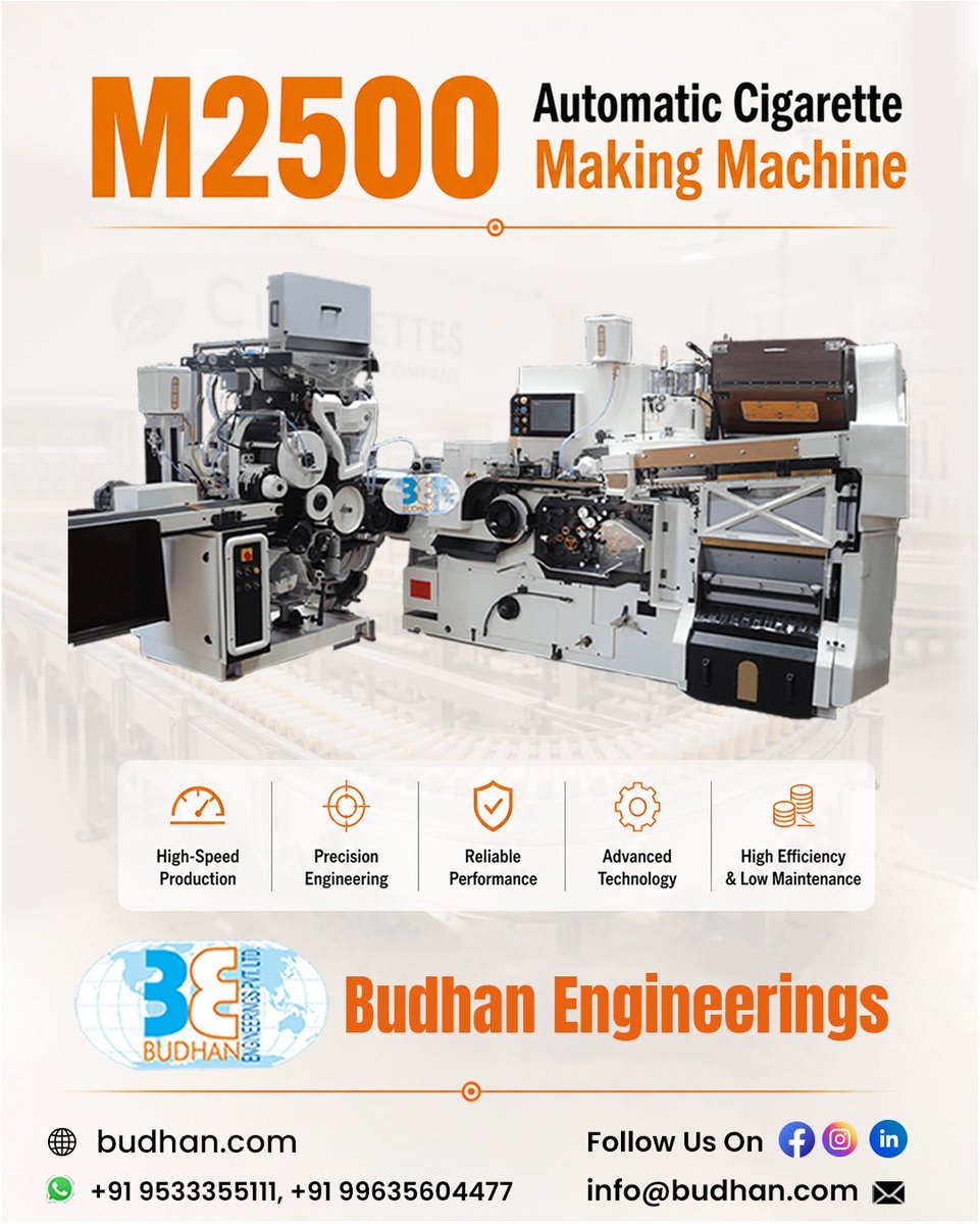budhan_official's tweet photo. Accelerate your manufacturing with unmatched speed and precision!  M2500 
🌐 https://t.co/Fhm6oOYYY5
📧 info@budhan.com https://t.co/vB9kURTl6l
📞 +91 9533355111 | +91 99635604477

#BudhanEngineerings #M2500Machine #AutomaticCigaretteMakingMachine #IndustrialInnovation https://t.co/pAFeyESXjk
