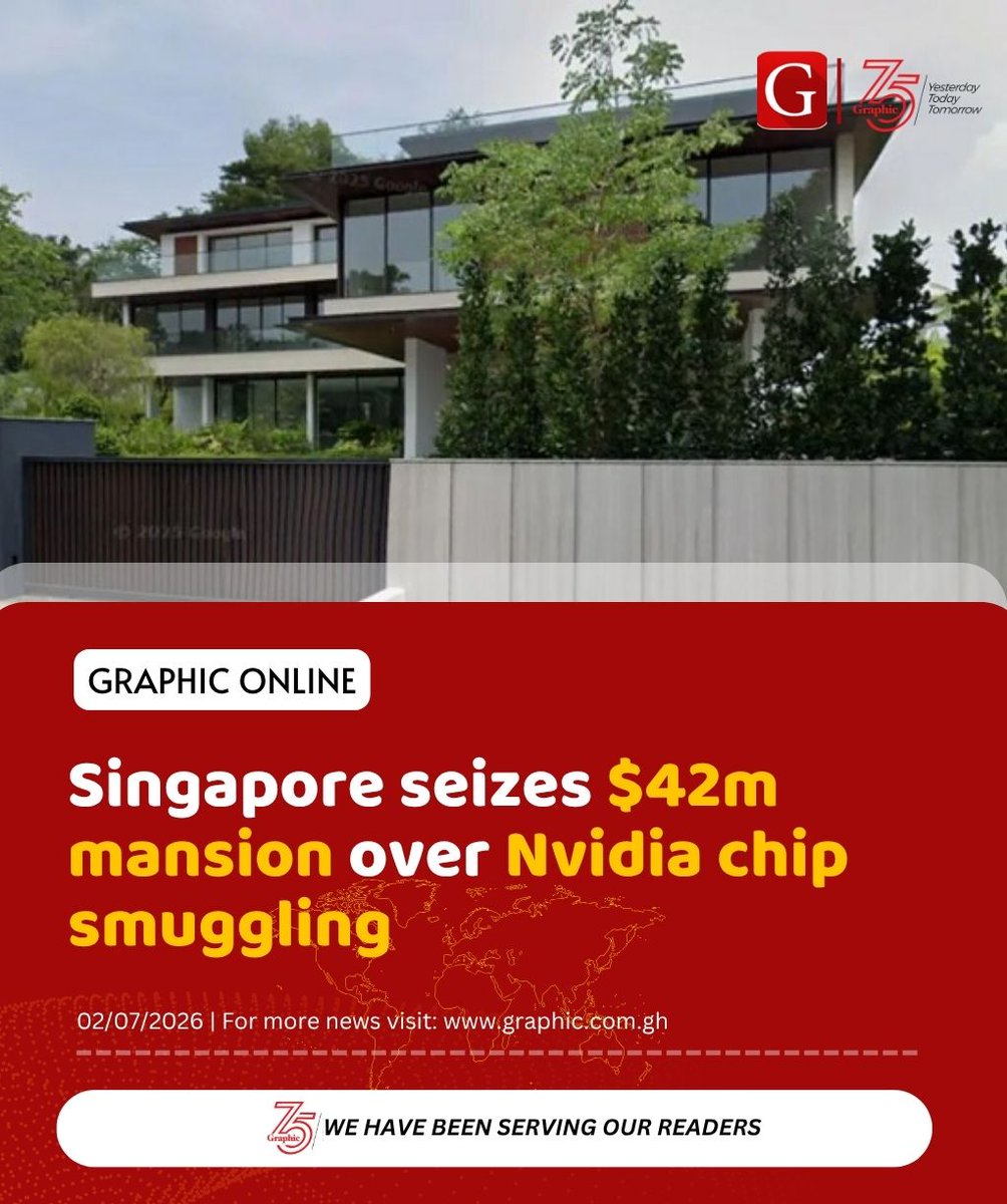 Graphicgh's tweet photo. Police in Singapore have seized a multi-million dollar luxury home that was allegedly bought using proceeds from smuggling Nvidia artificial intelligence (AI) chips.

Read more in the comments section. 

#GraphicOnline https://t.co/KSgGzlwOMJ