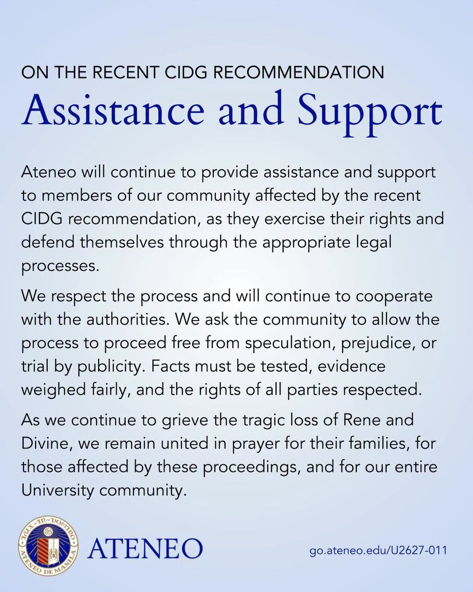 TeamAMDG's tweet photo. Ateneo de Manila University @ateneodemanilau:

University President Fr Roberto C Yap SJ has issued a memorandum affirming Ateneo’s support for members of the community affected by the recent CIDG recommendation.

Please read the full memorandum:
https://t.co/qTBD0Y7t9i https://t.co/MbL7C9QasK
