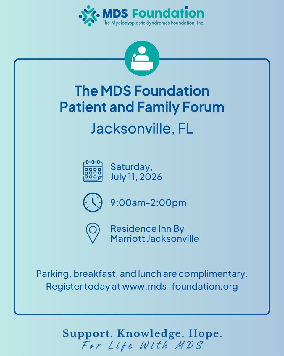 MDSFoundation's tweet photo. We're proud to bring the MDS community together for our Patient &amp; Family Forum on July 11 in Jacksonville.

This event provides education, valuable resources, and a welcoming space for patients, families, and caregivers to connect. 💙

Register today: https://t.co/1GMoqk624L https://t.co/aRqUft2tx5