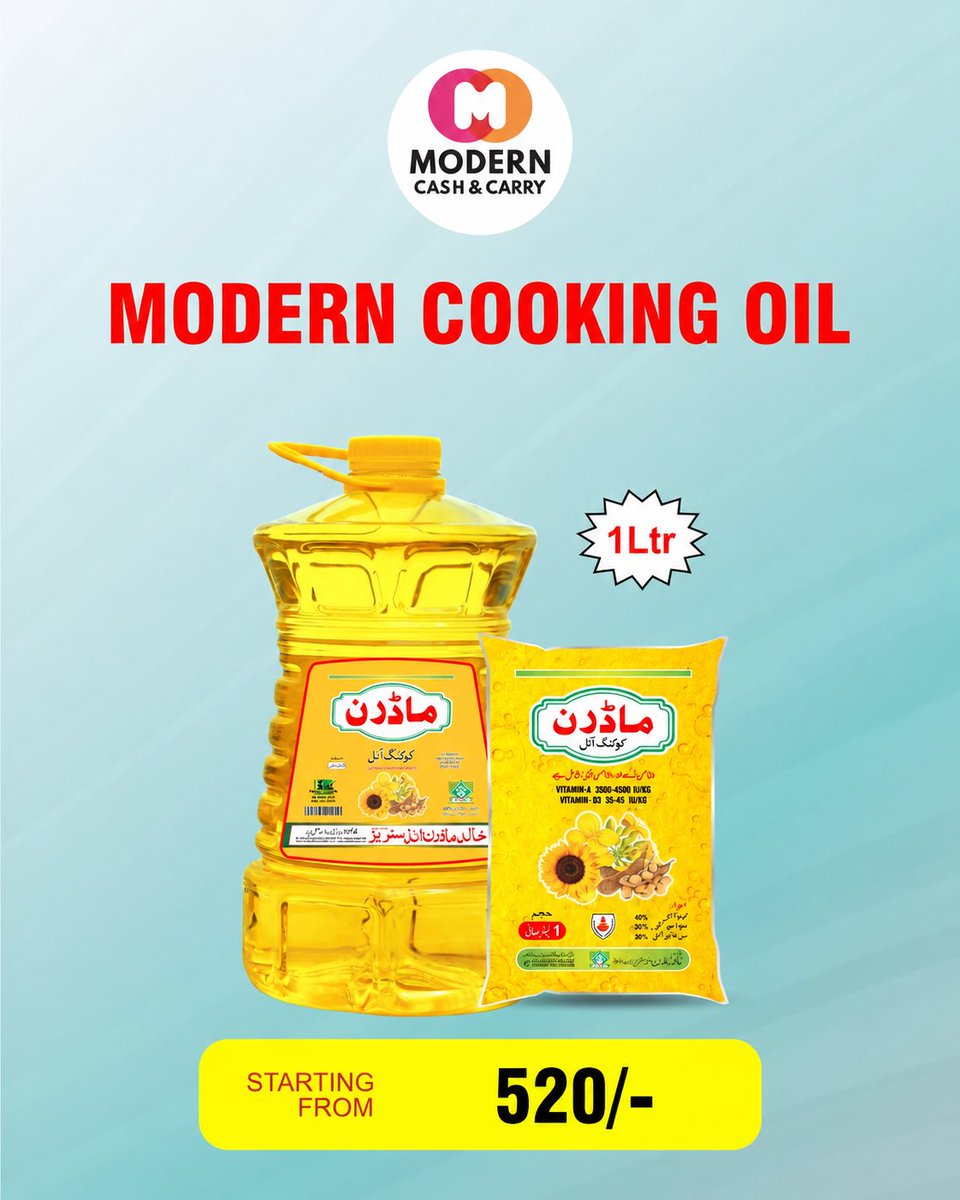 ModernCashCarry's tweet photo. Rozana istemal ki grocery ab behtareen quality aur munasib prices ke sath.
Modern Banaspati – Starting from Rs.510/- (1kg)
Modern Drinking Water – Starting from Rs.38/-
Modern Mustard Oil – Starting from Rs.265/-
Modern Red Chilli Powder – Starting from Rs.80/-
Modern Cooking https://t.co/TU5HnpDfp7