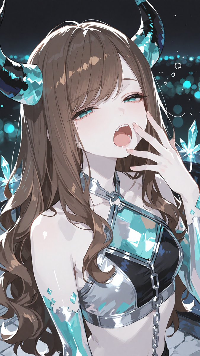 KOUKOUZUI's tweet photo. 水晶の角を持つ少女、闇の中で静かに微笑む。

名前：氷室 瑠璃 / ひむろ るり
職業：結晶世界の番人
血液型：AB型
MBTI：INTJ
性格：冷たく見えて、手のひらだけ温かい
ひとこと：「壊れやすいものほど、美しいの」 https://t.co/JVkuFVvO8o