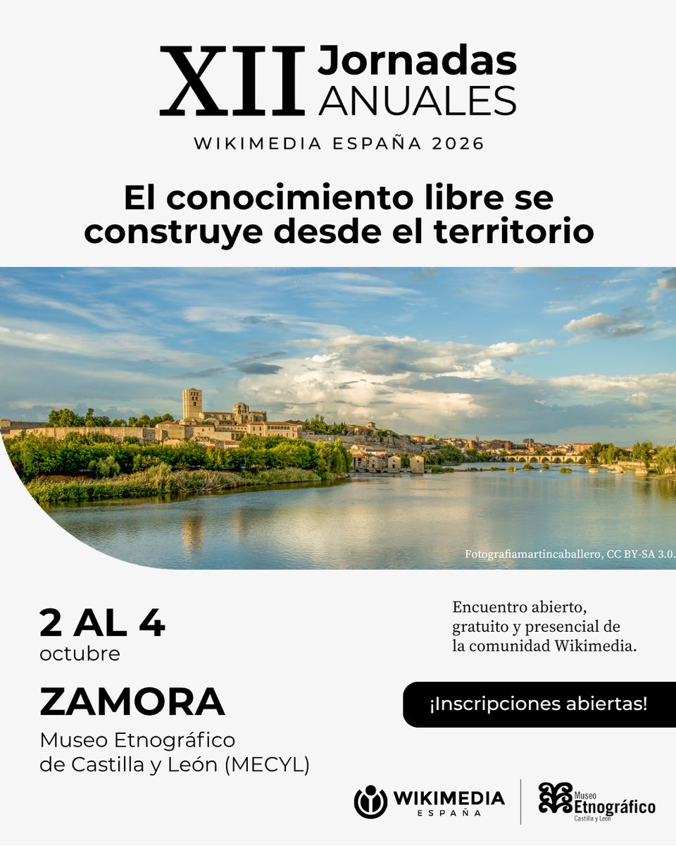 wikimedia_es's tweet photo. #WMES2026 | ¡Abiertas las inscripciones para las XII Jornadas Anuales de Wikimedia España!
.
🗓️ 2–4 octubre 2026 
📍Zamora | Museo Etnográfico de Castilla y León (MECyL)
📚 Cultura, educación, tecnología y conocimiento libre
.
Con @AECID_es, @UNavarra, Fundación Joaquín Díaz, MECyL, @AsociacionACAL y comunidad #Wikimedia.
.
📄 Programa e inscripciones abiertas
🔗 https://t.co/g2so6FSYqb
.
#WikimediaEspaña #ConocimientoLibre #Wikipedia
