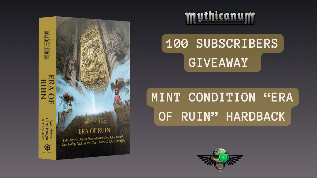 Mythicanum's tweet photo. Do you want to win a mint condition copy of Era of Ruin?

To celebrate reaching 100 subscribers on YouTube, we are giving away to one of our subscribers a new-in-box copy of Era of Ruin, the anthology of stories immediately following Horus' defeat and the aftermath of the Siege of Terra.

https://t.co/Iu6B3T9I77

#Warhammer40k #Warhammer #Lorehammer #New40k #Giveaway #HorusHeresy #SiegeofTerra