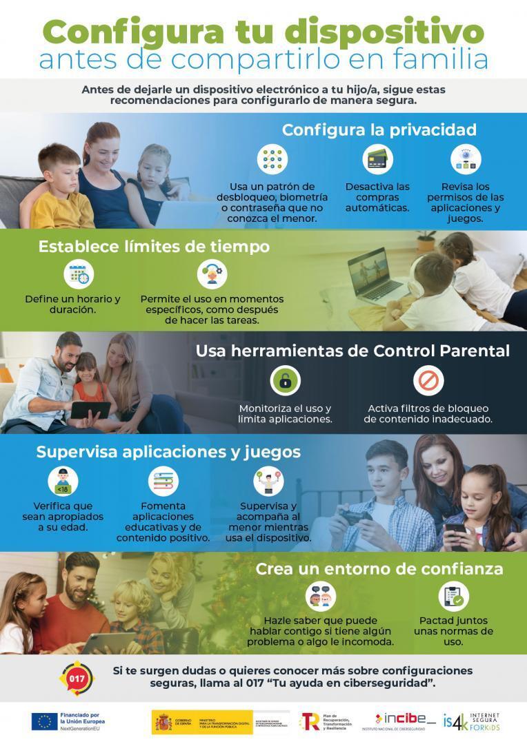 INCIBE's tweet photo. En vacaciones🏖️los peques pasan más tiempo con dispositivos. 
 
Antes de compartir uno en familia👩‍👩‍👧‍👧, dedica unos minutos a ponerlo a punto: #privacidad, #controlparental🔞, límites de tiempo ⏳...
 
¡Configura y evita problemas! 

🔗https://t.co/etoJ9XA0Jy

#SeguridadDigital https://t.co/BR7Pd5xz2r