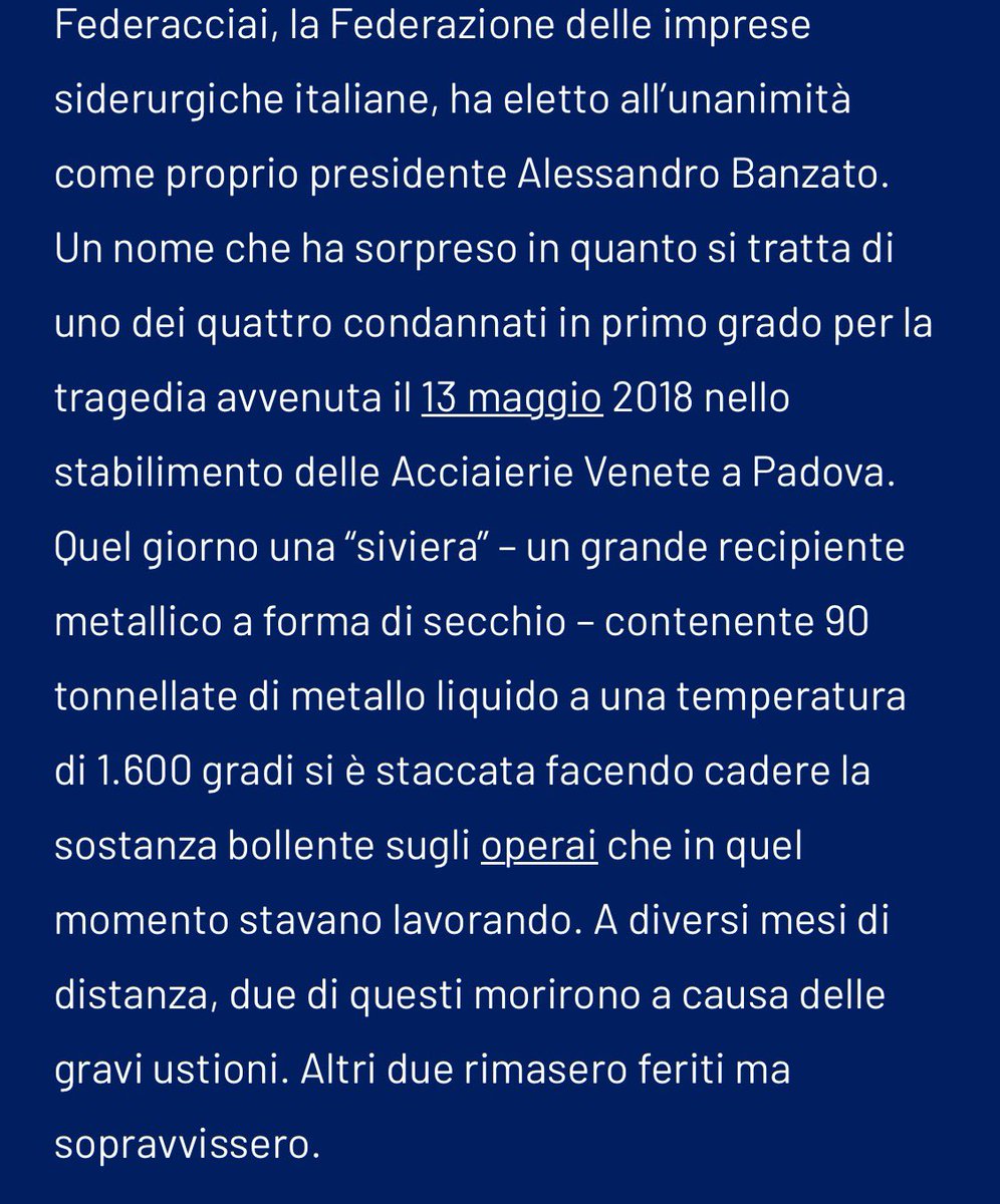 Frances99687883's tweet photo. Per un Moretti in galera,un #AlessandroBanzato eletto alla presidenza di #Federacciai.Da Presidente e ad di #AcciaierieVenetePadova,è stato #condannato in primo grado a 2 anni e 6 mesi per la #morte di 2 #operai nel terribile incidente del 13 maggio 2018.Un premio ci voleva. https://t.co/exRil2X9vF