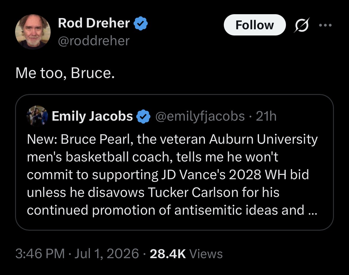 jasonahart's tweet photo. 👀 Yesterday, @JDVance's longtime friend @roddreher threatened not to support Vance '28 unless JD disavows @TuckerCarlson.
Dreher publicly begged Vance to denounce Tucker after the Fuentes episode last October, but here's what Vance said in December... https://t.co/jBbqD7KNdj