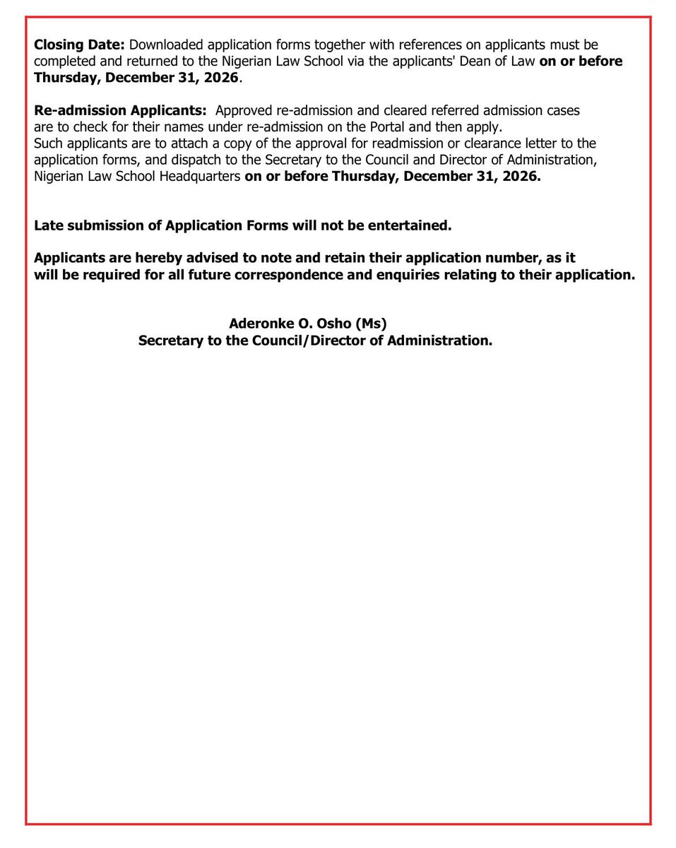 CallToBarNG's tweet photo. TAKE NOTICE- 👇🏼 
Application For Admission Into 2026/2027 Academic Session For Bar Part II Programme. https://t.co/KLk4yIIGp2