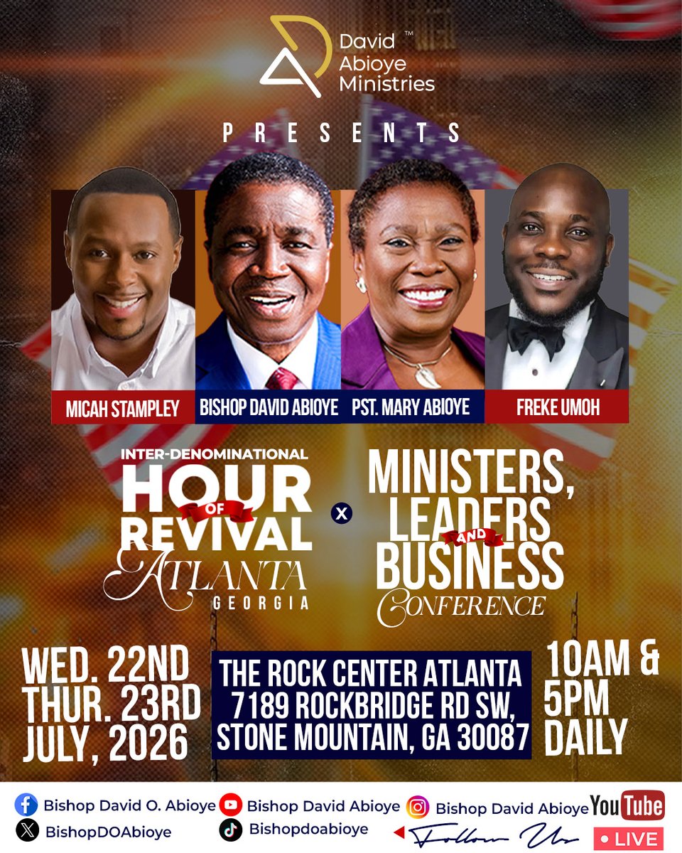 BishopDOAbioye's tweet photo. ATLANTA, YOUR MOMENT OF REVIVAL HAS COME!

A fresh move of God is coming to Atlanta, Georgia, and you are invited to be part of what promises to be a life-transforming encounter.

Join David Abioye, Mary Abioye, Micah Stampley, and Freke Umoh for two unforgettable days of worship, revelation, leadership impartation, and revival.

Whether you are a minister, business leader, entrepreneur, professional, or believer hungry for more of God, this gathering has been prepared to equip, empower, and ignite you for greater Kingdom impact.

There is a place prepared for you—and an assignment waiting to be awakened.

AND YES — YOU CAN ACTIVELY BE A PART OF IT!

Revival is not only received, It is also expressed through service!

And this is your opportunity to serve in a move of God and be part of transforming lives and making eternal impact behind the scenes.

DON’T JUST ATTEND… GET INVOVLED!

From media to logistics, hospitality to protocol— there’s a place for you.

Scan the QR Code in the next post  & Register as a Volunteer
Invite your family, friends, colleagues, and church community.
📲 Tag someone you’re coming with
🔁 Share and invite others
📌 Save the date — this encounter will mark you!

Come expectant. Leave transformed.

#HourOfRevivalAtlanta #AtlantaRevival #DavidAbioyeMinistries #BishopDavidAbioye #Atlanta #Georgia #USA