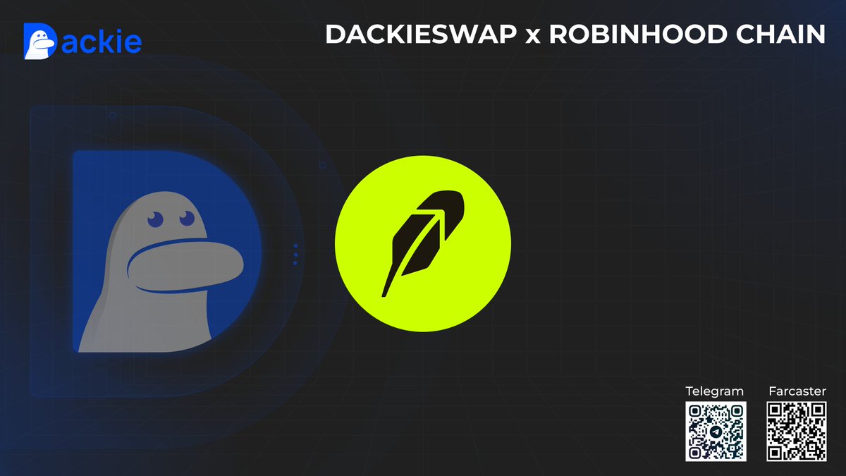 DackieSwap's tweet photo. 1/3 Thrilled to announce that Robinhood ( @RobinhoodCrypto ) Chain just onboarded on DackieSwap.

#RobinhookChain https://t.co/B9dMjT8pdb
