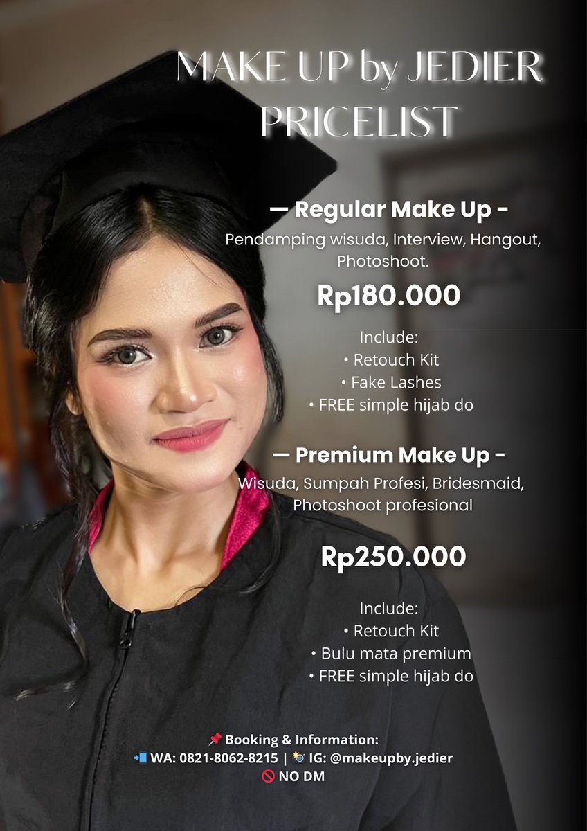 makeupbyjedier's tweet photo. @unicefess Halo kak aku masih avail yaa🥰☝🏻
Yuk hub ke nomor tertera🥰 https://t.co/6chdHhLJqU