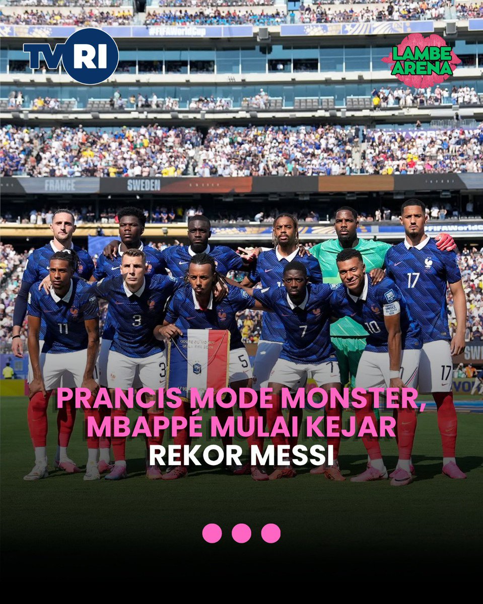 LambeArena's tweet photo. Prancis makin panas di Piala Dunia 2026. Mbappé naik jadi top skor sementara bareng Messi, Olise memimpin daftar assist, dan Les Bleus terus pecahkan rekor gol. Kalau performanya begini, kandidat juara lain wajib waspada 🇫🇷🔥 https://t.co/T2ayy9trG4