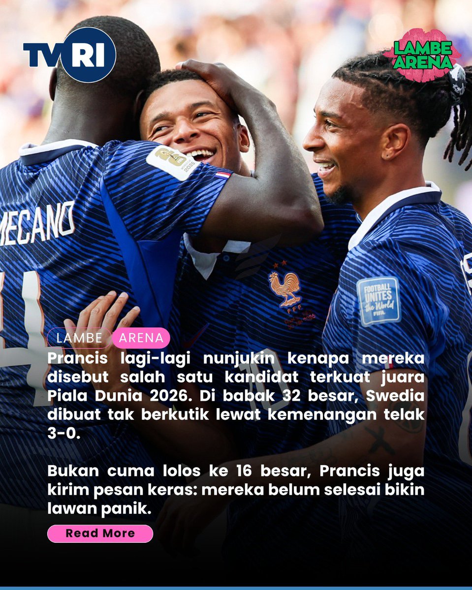 LambeArena's tweet photo. Prancis makin panas di Piala Dunia 2026. Mbappé naik jadi top skor sementara bareng Messi, Olise memimpin daftar assist, dan Les Bleus terus pecahkan rekor gol. Kalau performanya begini, kandidat juara lain wajib waspada 🇫🇷🔥 https://t.co/T2ayy9trG4