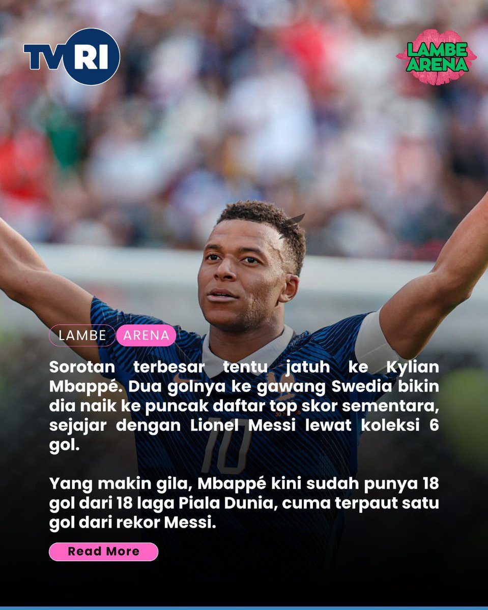 LambeArena's tweet photo. Prancis makin panas di Piala Dunia 2026. Mbappé naik jadi top skor sementara bareng Messi, Olise memimpin daftar assist, dan Les Bleus terus pecahkan rekor gol. Kalau performanya begini, kandidat juara lain wajib waspada 🇫🇷🔥 https://t.co/T2ayy9trG4
