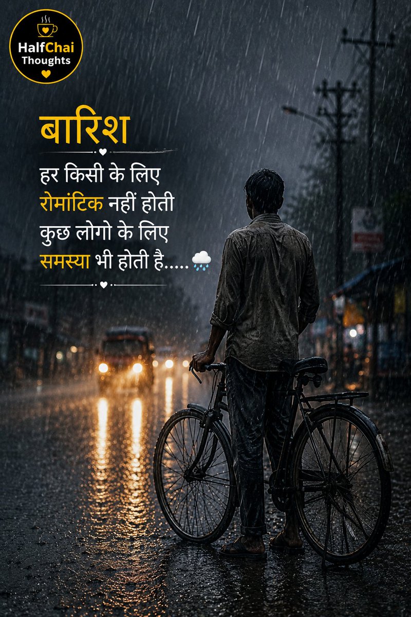HalfChaiThought's tweet photo. 🌧️ 🚲
बारिश की हर बूंद खूबसूरत नहीं होती...
कुछ बूंदें
किसी की मेहनत भी बहा ले जाती हैं।....
#RainReality #LifeTruth #HalfChaiThoughts #RealityOfLife #Monsoon https://t.co/2RRFe1mtsY