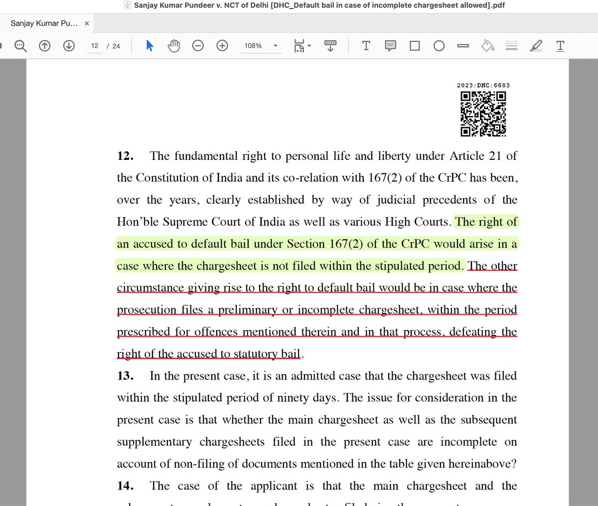 ghaisahil09's tweet photo. Default bail under Section 167(2) CrPC can be granted when the investigating agency files a preliminary or incomplete chargesheet.

#3 Sanjay Kumar Pundeer v. NCT of Delhi [DHC_Bail App. No. 2698/2023] https://t.co/SU6PMqztUW